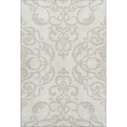 5' X 8' Ivory And Beige Damask Washable Area Rug With UV Protection