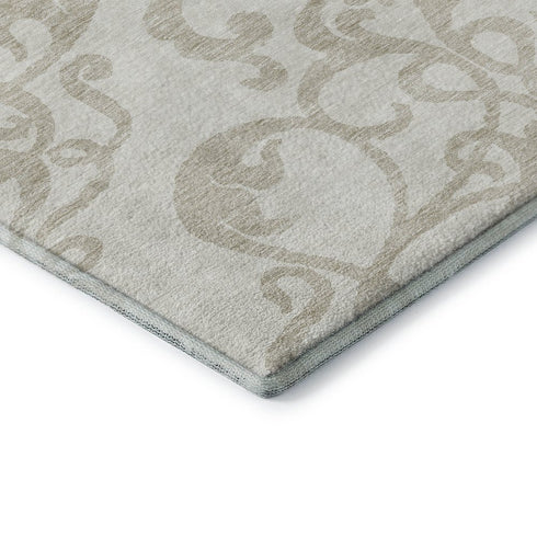 5' X 8' Ivory And Beige Damask Washable Area Rug With UV Protection