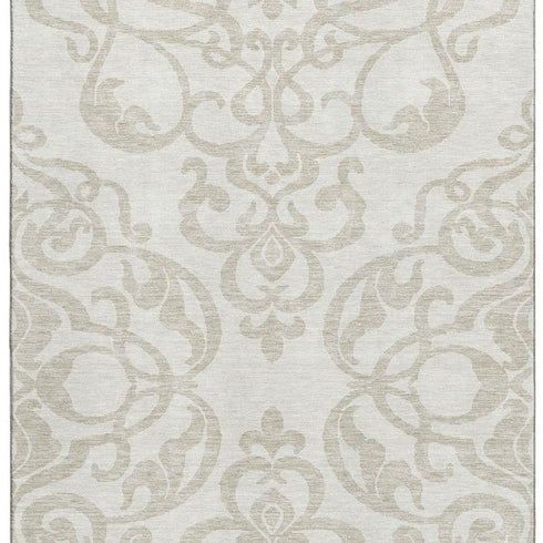 5' X 8' Ivory And Beige Damask Washable Area Rug With UV Protection