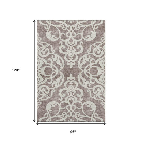 8' X 10' Taupe And Ivory Damask Washable Area Rug With UV Protection