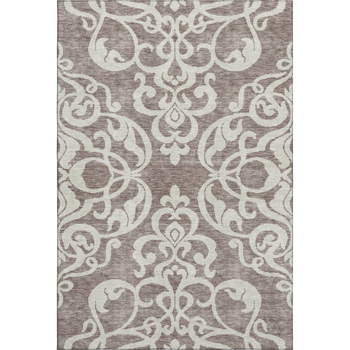 8' X 10' Taupe And Ivory Damask Washable Area Rug With UV Protection