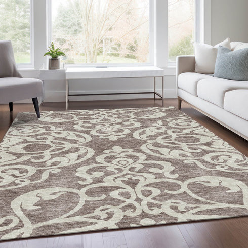 8' X 10' Taupe And Ivory Damask Washable Area Rug With UV Protection