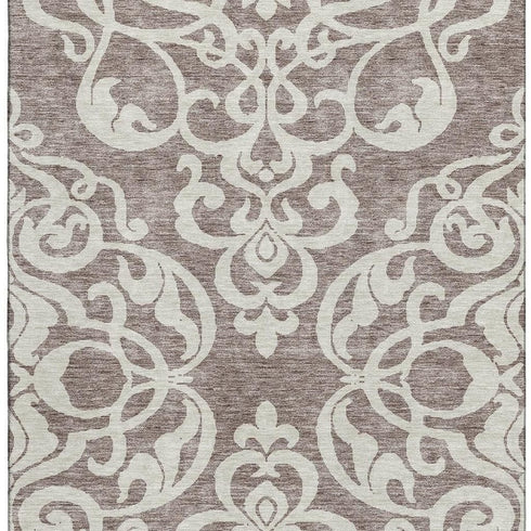 8' X 10' Taupe And Ivory Damask Washable Area Rug With UV Protection