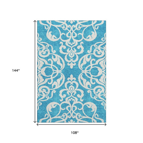 9' X 12' Turquoise And Ivory Damask Washable Area Rug With UV Protection