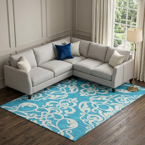 9' X 12' Turquoise And Ivory Damask Washable Area Rug With UV Protection