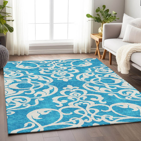 9' X 12' Turquoise And Ivory Damask Washable Area Rug With UV Protection