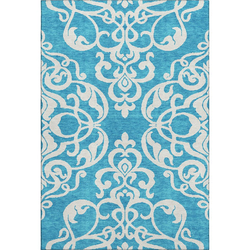9' X 12' Turquoise And Ivory Damask Washable Area Rug With UV Protection