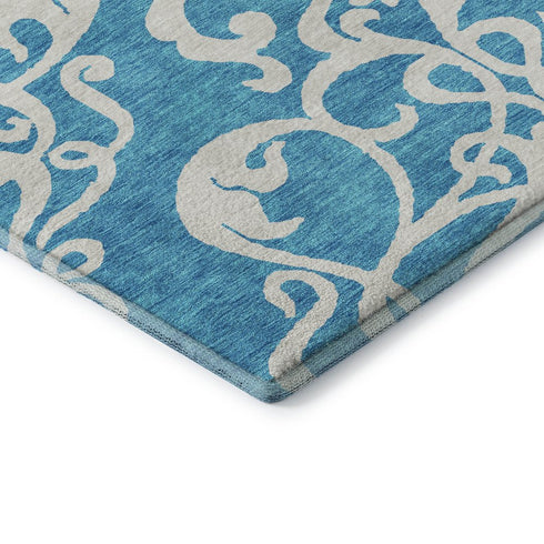 9' X 12' Turquoise And Ivory Damask Washable Area Rug With UV Protection