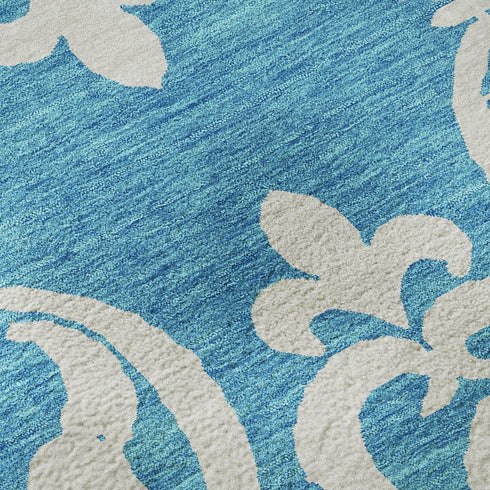 9' X 12' Turquoise And Ivory Damask Washable Area Rug With UV Protection