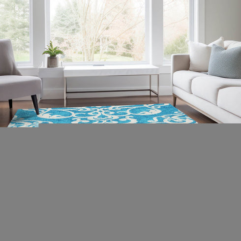 9' X 12' Turquoise And Ivory Damask Washable Area Rug With UV Protection