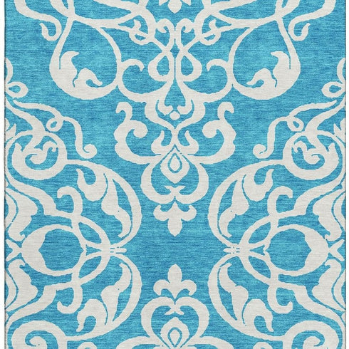 9' X 12' Turquoise And Ivory Damask Washable Area Rug With UV Protection