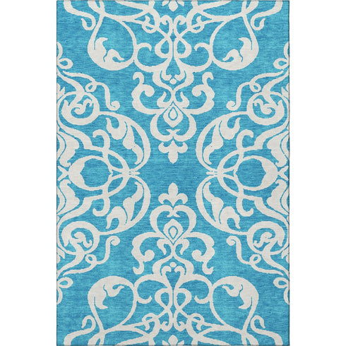 9' X 12' Turquoise And Ivory Damask Washable Area Rug With UV Protection