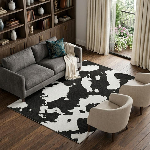 8' X 10' Black And Ivory Abstract Washable Area Rug With UV Protection