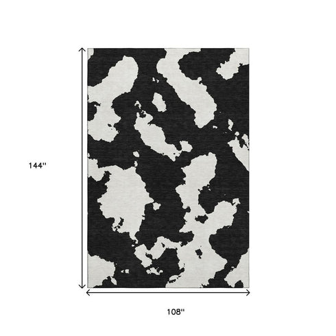 9' X 12' Black And Ivory Abstract Washable Area Rug With UV Protection