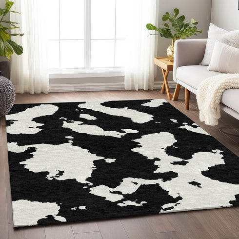 9' X 12' Black And Ivory Abstract Washable Area Rug With UV Protection