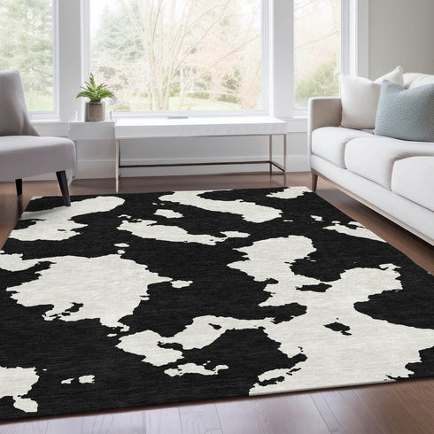 9' X 12' Black And Ivory Abstract Washable Area Rug With UV Protection