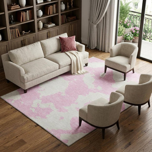 8' X 10' Pink And Ivory Abstract Washable Area Rug With UV Protection