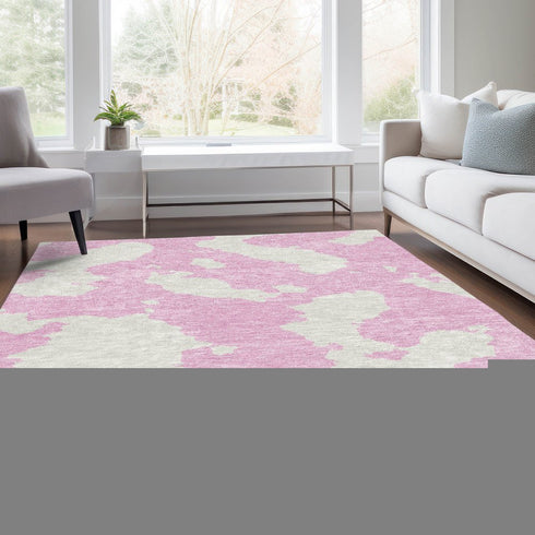 8' X 10' Pink And Ivory Abstract Washable Area Rug With UV Protection