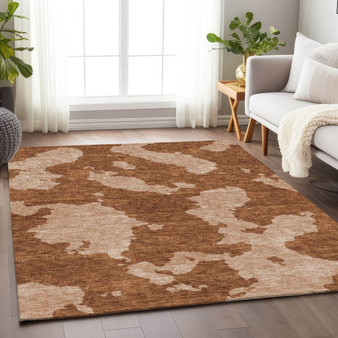 9' X 12' Terra Cotta And Beige Abstract Washable Area Rug With UV Protection