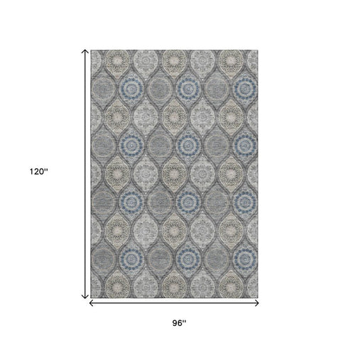 8' X 10' Gray Navy Blue And Beige Ogee Washable Area Rug With UV Protection