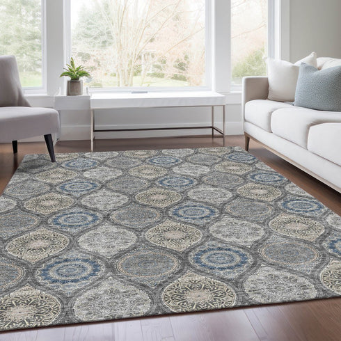 8' X 10' Gray Navy Blue And Beige Ogee Washable Area Rug With UV Protection