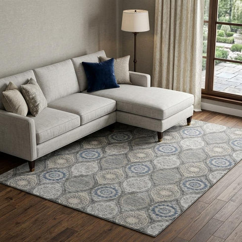 8' X 10' Gray Navy Blue And Beige Ogee Washable Area Rug With UV Protection