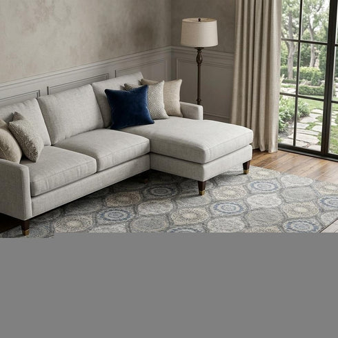9' X 12' Gray Navy Blue And Beige Ogee Washable Area Rug With UV Protection
