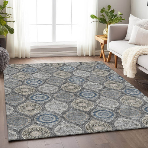 9' X 12' Gray Navy Blue And Beige Ogee Washable Area Rug With UV Protection