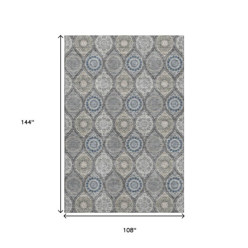 9' X 12' Gray Navy Blue And Beige Ogee Washable Area Rug With UV Protection