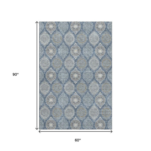 5' X 8' Navy Blue Ivory And Taupe Ogee Washable Area Rug With UV Protection