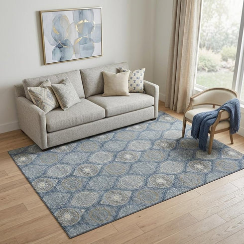 5' X 8' Navy Blue Ivory And Taupe Ogee Washable Area Rug With UV Protection