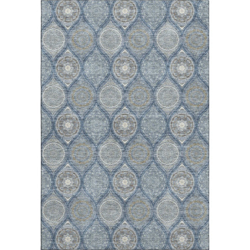 5' X 8' Navy Blue Ivory And Taupe Ogee Washable Area Rug With UV Protection