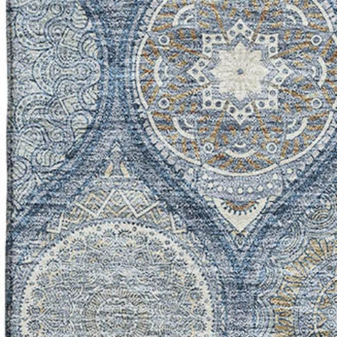 5' X 8' Navy Blue Ivory And Taupe Ogee Washable Area Rug With UV Protection