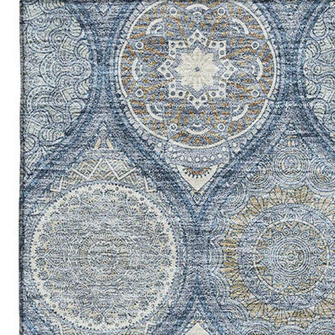 5' X 8' Navy Blue Ivory And Taupe Ogee Washable Area Rug With UV Protection