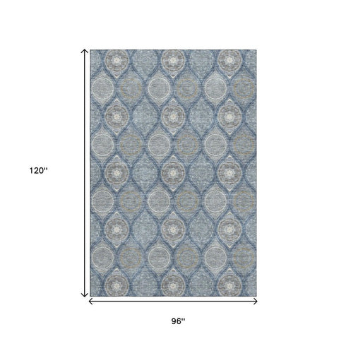 8' X 10' Navy Blue Ivory And Taupe Ogee Washable Area Rug With UV Protection