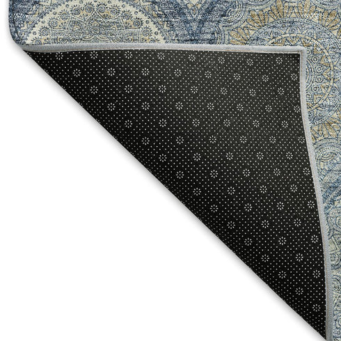 8' X 10' Navy Blue Ivory And Taupe Ogee Washable Area Rug With UV Protection