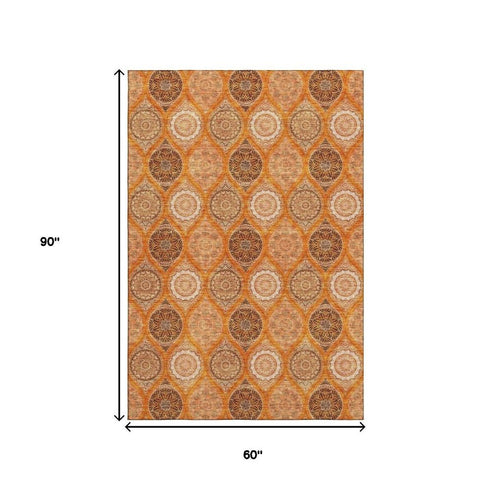 5' X 8' Orange Ivory And Gray Ogee Washable Area Rug With UV Protection