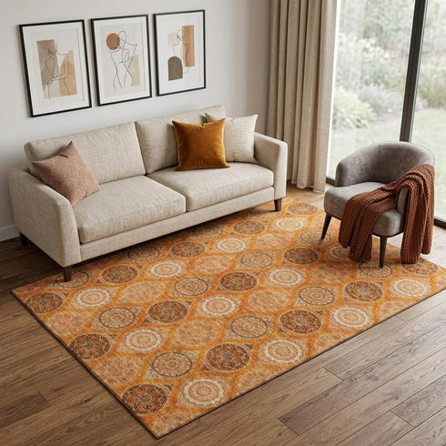 5' X 8' Orange Ivory And Gray Ogee Washable Area Rug With UV Protection