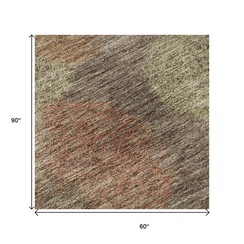 5' X 8' Brown Artichoke Green And Taupe Abstract Washable Area Rug With UV Protection