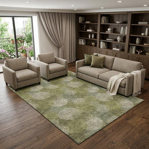 8' X 10' Green And Ivory Abstract Washable Area Rug With UV Protection