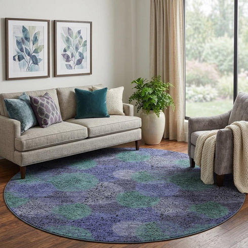 8' Purple And Green Abstract Washable Round Rug With UV Protection