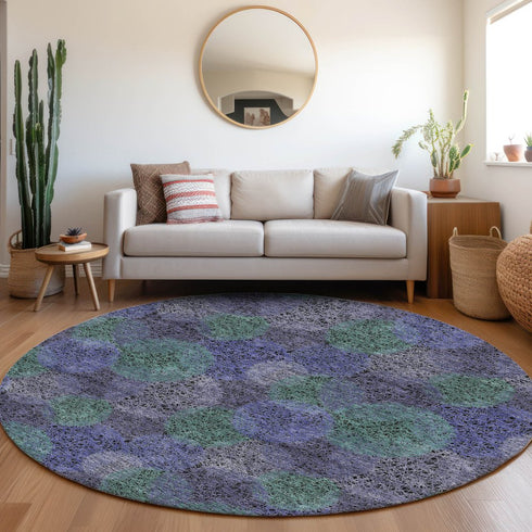 8' Purple And Green Abstract Washable Round Rug With UV Protection