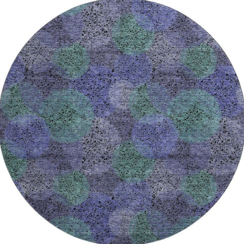 8' Purple And Green Abstract Washable Round Rug With UV Protection