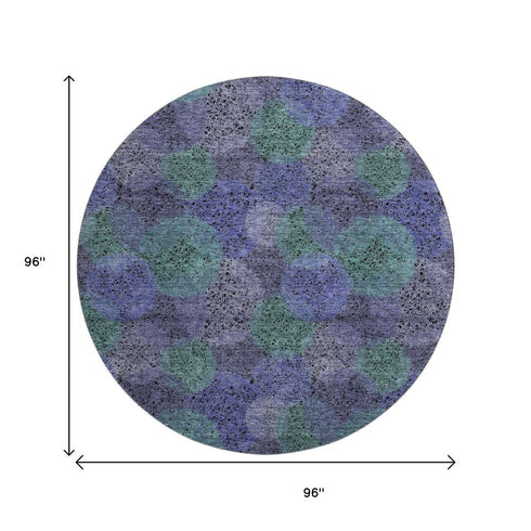 8' Purple And Green Abstract Washable Round Rug With UV Protection