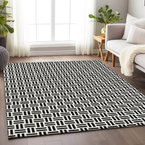 9' X 12' Black And Ivory Geometric Washable Area Rug With UV Protection