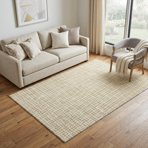 5' X 8' Gold And Ivory Geometric Washable Area Rug With UV Protection