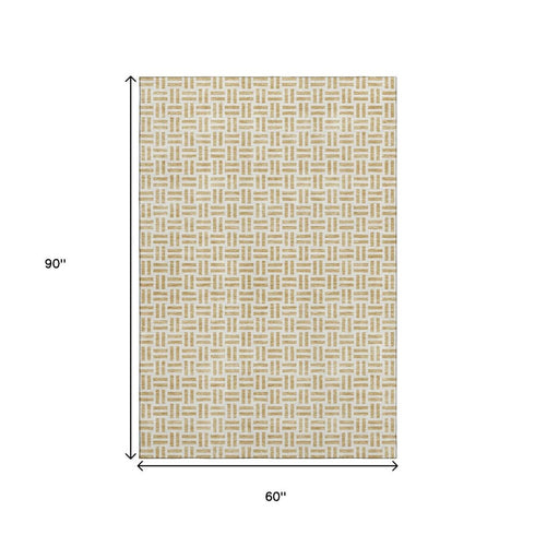 5' X 8' Gold And Ivory Geometric Washable Area Rug With UV Protection