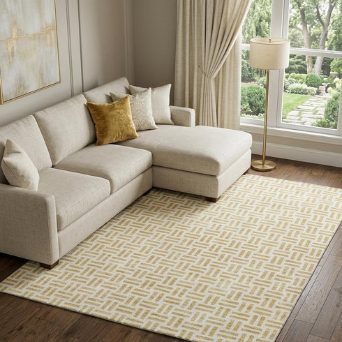 8' X 10' Gold And Ivory Geometric Washable Area Rug With UV Protection