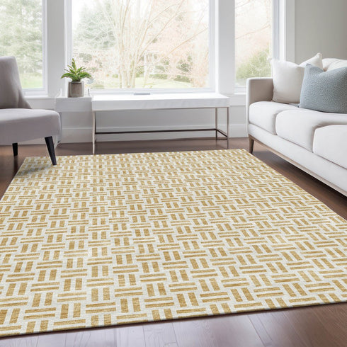 9' X 12' Gold And Ivory Geometric Washable Area Rug With UV Protection