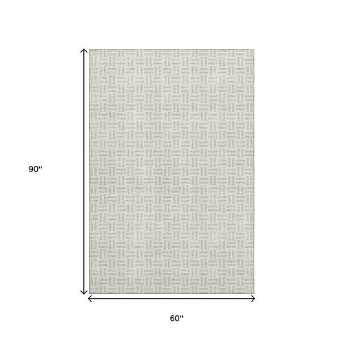 5' X 8' Ivory And Beige Geometric Washable Area Rug With UV Protection
